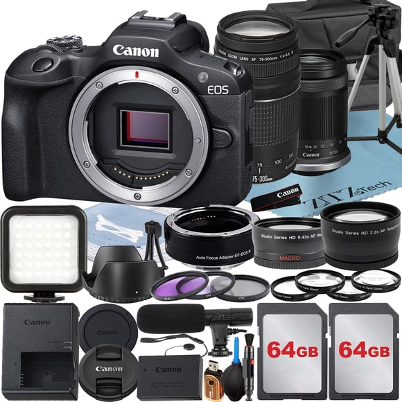 Canon EOS R100 Mirrorless Camera with RF-S 18-150mm + 75-300mm Lens + Mount Adapter + 2 Pack 64GB Memory Card + Case + ZeeTech Accessory