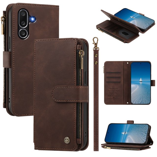 Samsung Galaxy M56 Wallet Cover with Zipper Pocket, Brown