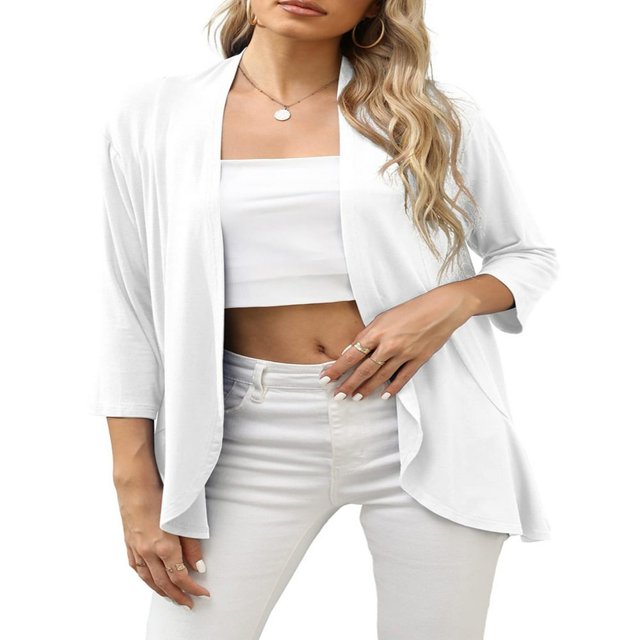 CNKOO Women‘s Casual Lightweight Open Front Cardigans Soft Draped Ruffles 3/4 Sleeve Cardigan S-XL