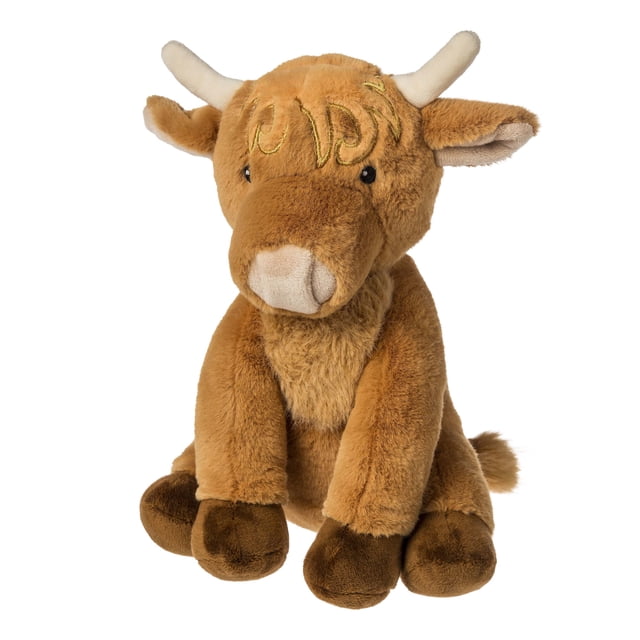 Mary Meyer - Soft Toy - Hetty Highland Cow 10" front-facing plush with shaggy light-brown fur, small rounded horns, embroidered eyes and nose, floppy ears and stitched mouth, sitting upright on a white background; machine washable nursery plush ideal as a gift or cuddle companion.