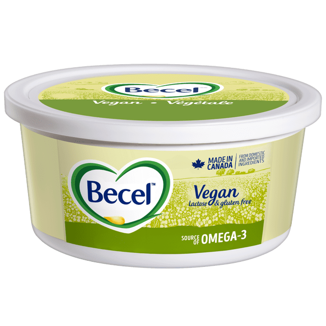 Becel Vegan plant-based spread tub with white lid, green and yellow label featuring the Becel heart logo, vegan, lactose and gluten free, made in Canada, source of omega-3, ideal as a butter substitute for cooking, baking, and spreading.
