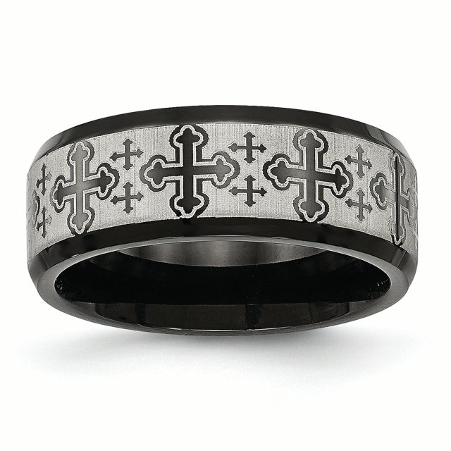 Stainless Steel Brushed/Polished Black IP Laser Etched Pattern Ring 8.5 Size