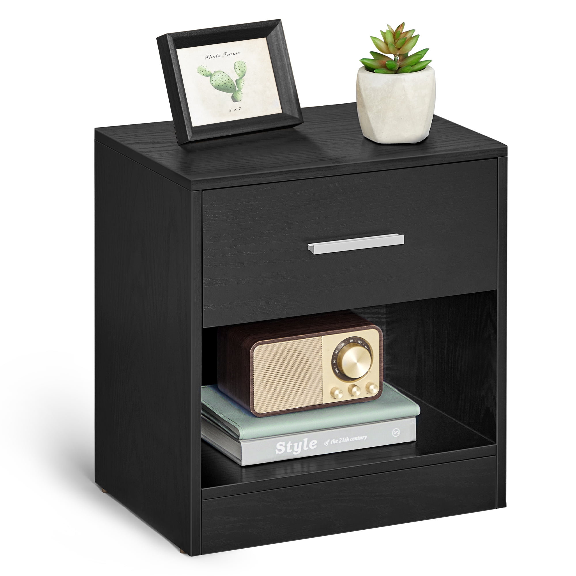 SONGMICS HOME Nightstand, Side Table with Drawer and Shelf, Bedside Table, End Table with Open Compartment, for Bedroom, Living Room, Ink Black