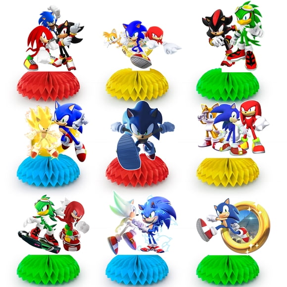 Sonic Décorations d'Anniversaire, 9 Pcs Centres de Table en Nid d'Abeilles 3D pour Fête d'Anniversaire Sonic, Décorations pour Fournitures de Fête Sonicthe Hedgehog