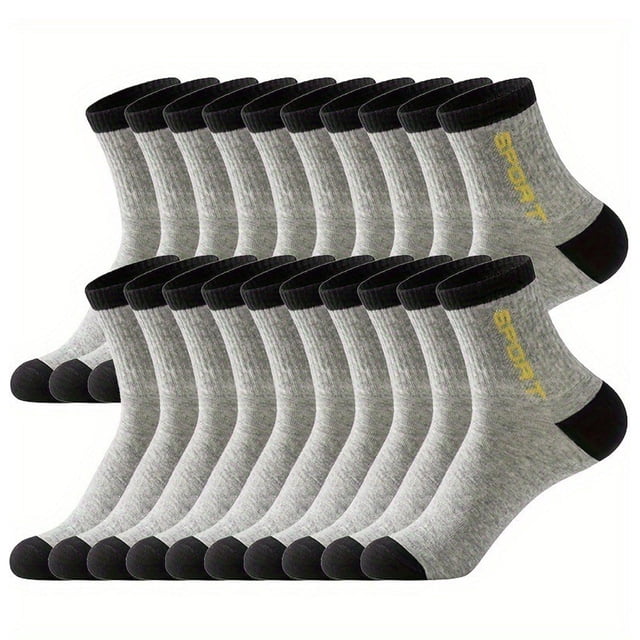 RKSTN men's socks, sweat-absorbing and breathable, designed for outdoor sports and daily wear. The image shows a set of 20 grey socks with black reinforced heels and toes, featuring 'SPORT' text in yellow near the cuff. These polyester socks are suitable for various activities like hiking, jogging, and gym workouts. They offer a non-slip elastic cuff, cushioned design for durability, and moisture-wicking properties for comfort.