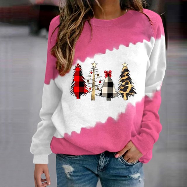 EGNMCR Chandails pour Femmes Hiver Joyeux Noël Imprimé Arbre Col Rond Chandails à Enfiler Blocs de Couleur Vacances T-Shirts Hauts Chandail de Noël Laid pour Femmes