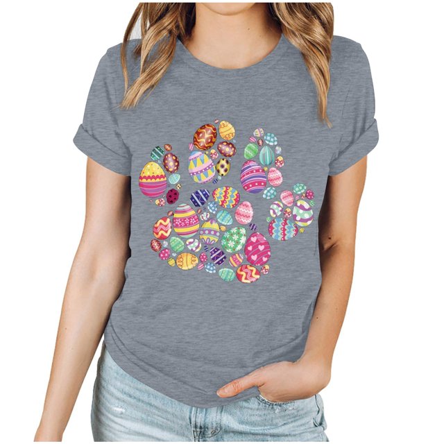 EGNMCR Chemises de Pâques pour Femmes Manches Courtes Imprimé de Pâques Manches Courtes Col Rond T-Shirts pour Femmes