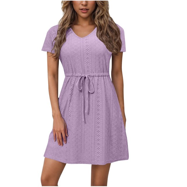 Dvprdro Robe d'Été Décontractée Unie à Manches Courtes pour Femme, Mode Élégante, Col en V, à Nouer, Robe Courte de Plage et Soleil