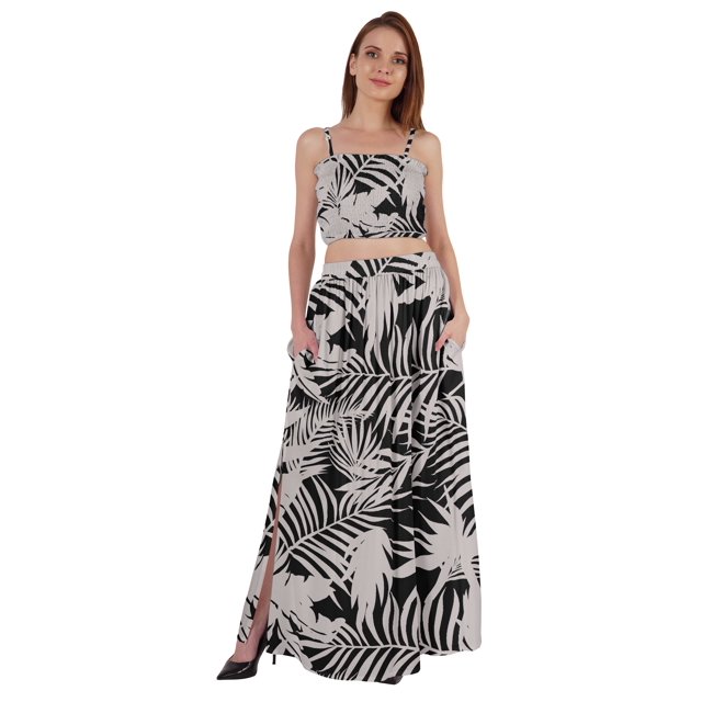 Bimba 2 Pcs Sexy Beach Party Wear Dress For Womens Printed Smocked Crop Top & Long Skirt CoordSet