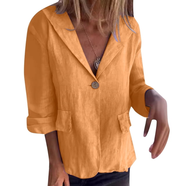 MIASHUI Loose Fit Solid Color Button-Up Notched Collar Linen Blend Blazer Cardigan for Women Bohemian Style Lightweight Jacket Orange,XL