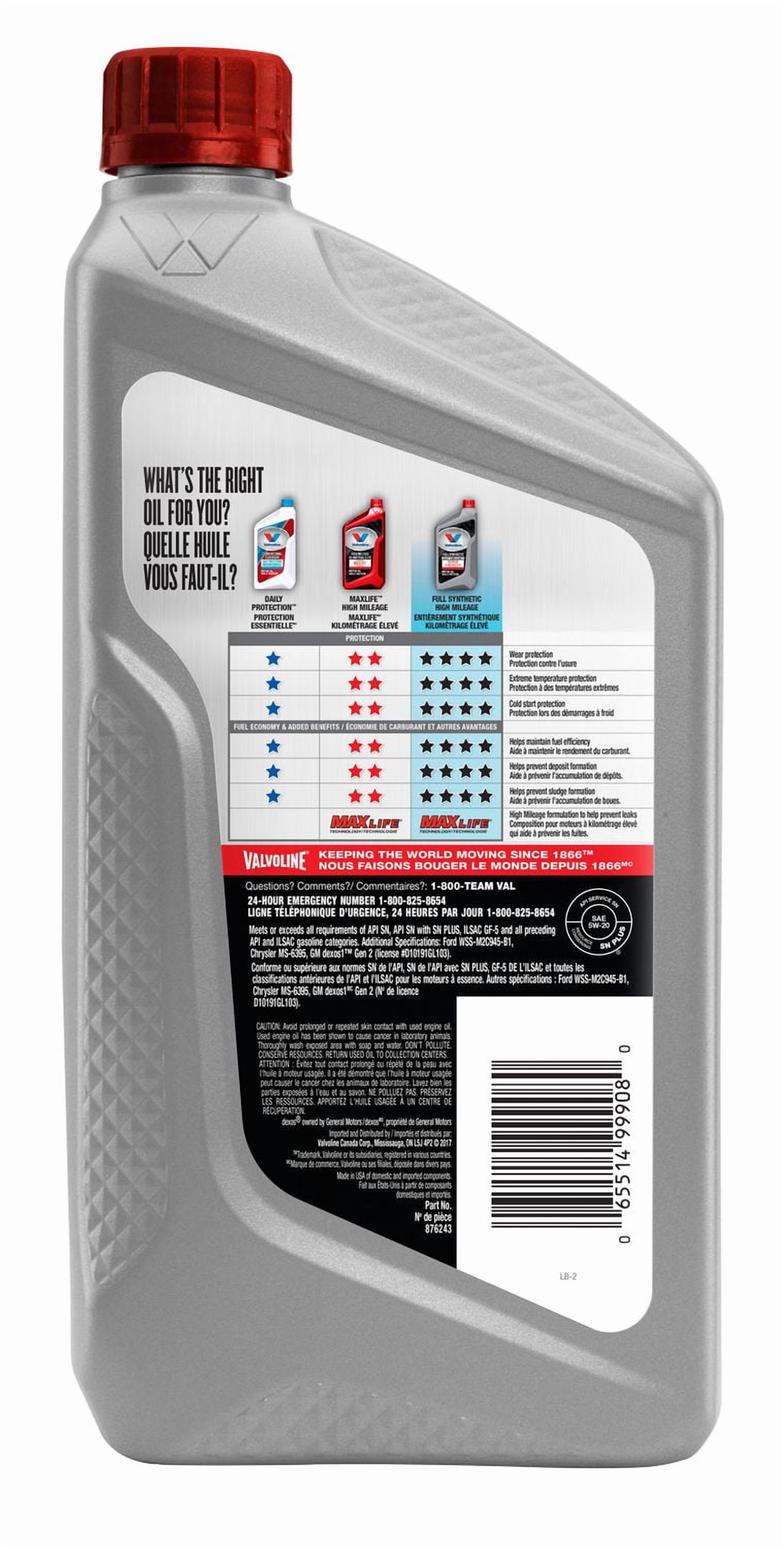 Huile à moteur Valvoline entièrement synthétique avec technologie MaxLife 5W20