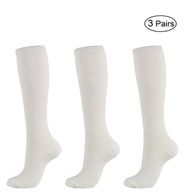 CHOK 3 Pairs Knee High Graduated Compression Socks for Men & Women in white, designed for running, medical use, athletic activities, diabetic care, swelling, varicose veins, and travel. The package includes three pairs of knee-high socks suitable for nurses, doctors, pregnant women, office workers, and others who stand for long hours. These socks help reduce tiredness, pain, swelling, and improve blood circulation. Available in sizes S/M, L/XL, and XXL.