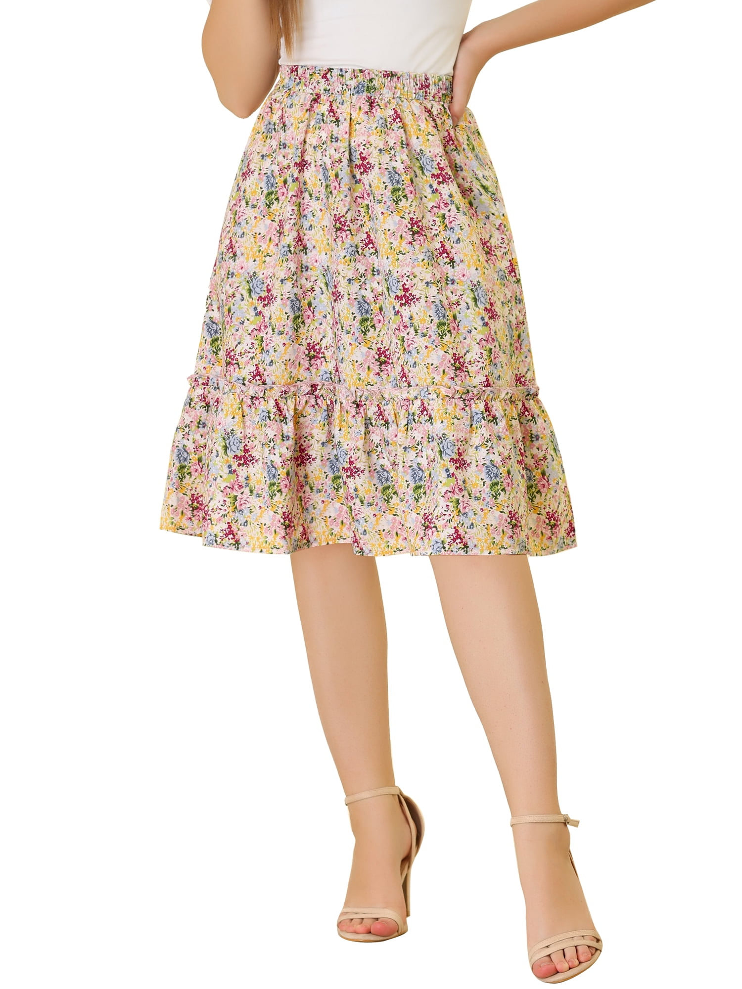 Unique Bargains Women's Ruffle Hem Flowy Tiered A-Line Swing Floral Midi Skirt