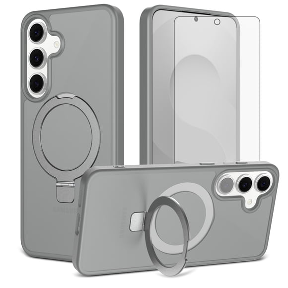 Asuwish Phone Case for Samsung Galaxy S25 FE 5G Tempered Glass Screen Protector Magnetic Folding Stand Frosted Translucent Rugged Shockproof Protective Cell Cover S 25 EF AI S25FE 25S Women Men Grey