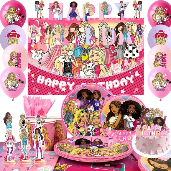 Barbi Décorations d'Anniversaire, Ensemble de 98 Pcs de Décorations et Vaisselle de Fête Princesse Barbi Incluant Dessus de Gâteau Princesse Barbi, Arrière-Plan, Assiettes, Nappe, Etc., Fournitures de Fête d'Anniversaire Thème Barbi