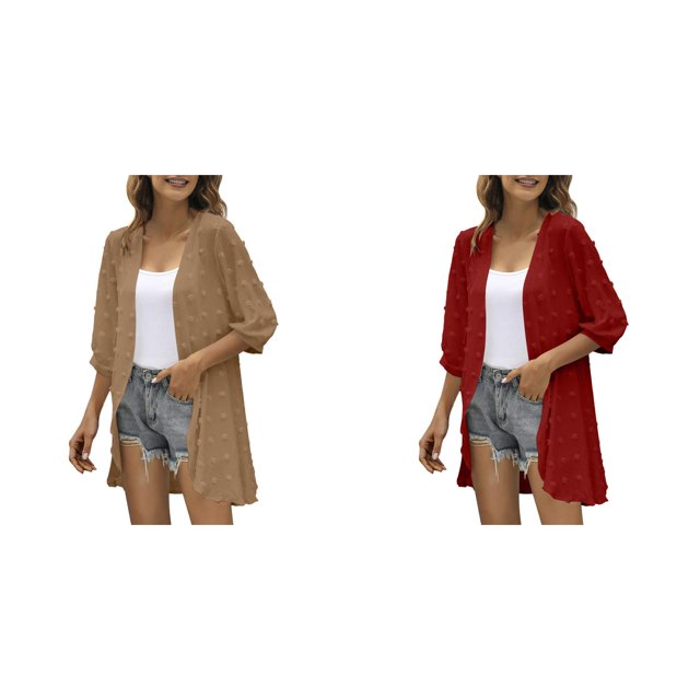 (2-Pack) Kcodviy Women Casual Cardigan Three Women Lavender Sweater Quarter Sleeve Open Front Cardigan Plus Lightweight Dots Cardigan Draped Cardigan for Women Plus Size Ruffles Cardigan
