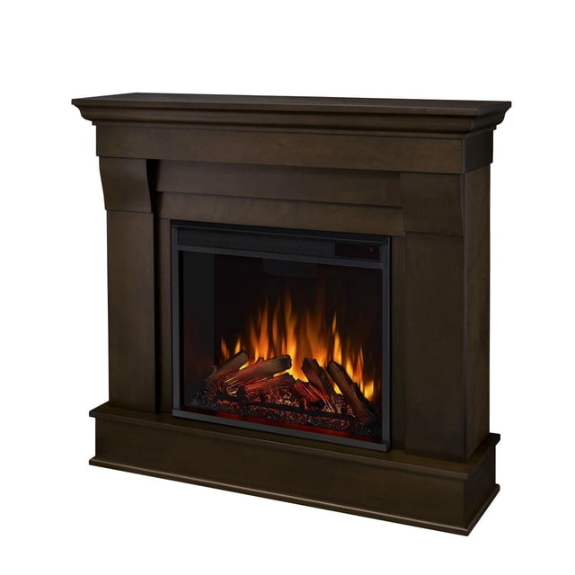 Chateau 41" Electric Fireplace with dark wood mantel and vivid flame electric firebox showing glowing embers and orange flames, providing supplemental heat for rooms up to 1000 sq ft with six flame colors and adjustable thermostat.