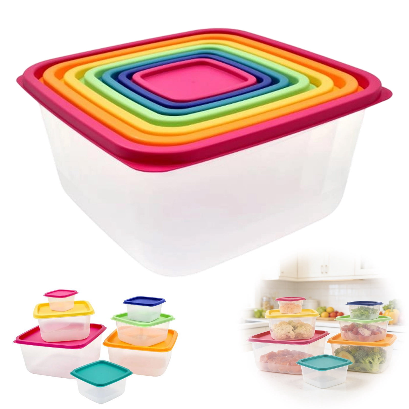 karymi Practical 7Pcs Rainbow Colored Plastic Food Storage Container Set with Lids 7 Sizes Stackable for Leftovers Meal Prep Pantry Organization Picnic Lunch Gift Ideas