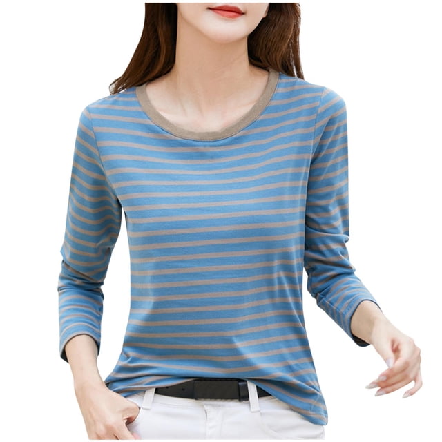 Timegard Hauts d'Automne pour Femmes à Rayures à Manches Longues T-Shirts Basiques Décontractés Ajustés Confortables à Col Rond