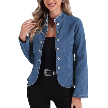 INSPIRE CHIC Denim Blazer for Women's Open Front Distressed Stand Collar Jeans Jacket Blue L