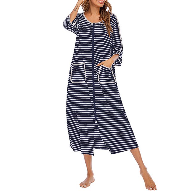 yingyy 1/2/3 Polyester Robe de Nuit pour Femmes Décontractée de Remplacement Col Rond Manches Longues Double Poche Respirante Peignoir de Maison Vêtement de Nuit Bleu Foncé L 1 Pce