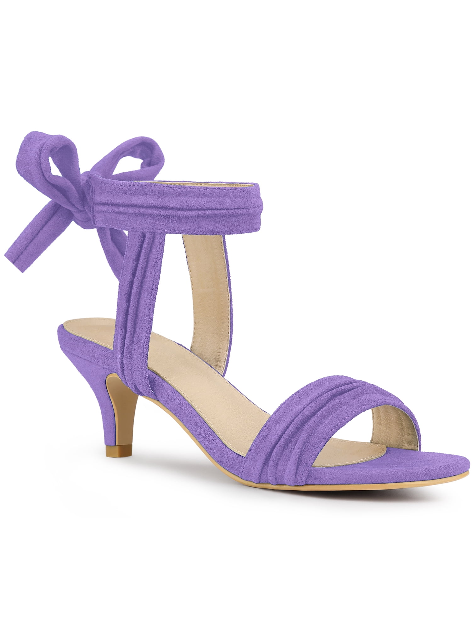BLISSFUL STEP Women Open Toe Ankle Bow Tie Mid Heels Sandals Purple 7.5