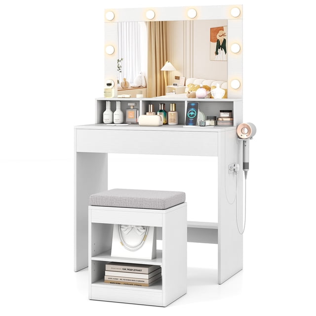 Gymax Ensemble de Coiffeuse 31,5 Po avec Miroir et Lumières, 3 Modes d'Éclairage, Luminosité Réglable