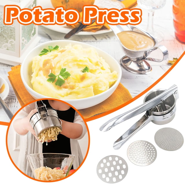 Dvkptbk Potato Masher Home Kitchen Three-In-One Stainless Steel Potato Press Manual Juicer, featuring a durable stainless steel design with a comfortable handle for easy use. Includes three interchangeable plates for mashing potatoes, creating vegetable or fruit purées, and juicing. The image highlights the masher in action, producing smooth mashed potatoes, with a bowl of mashed potatoes garnished with parsley in the background. Suitable for home kitchens, dorms, and RVs.