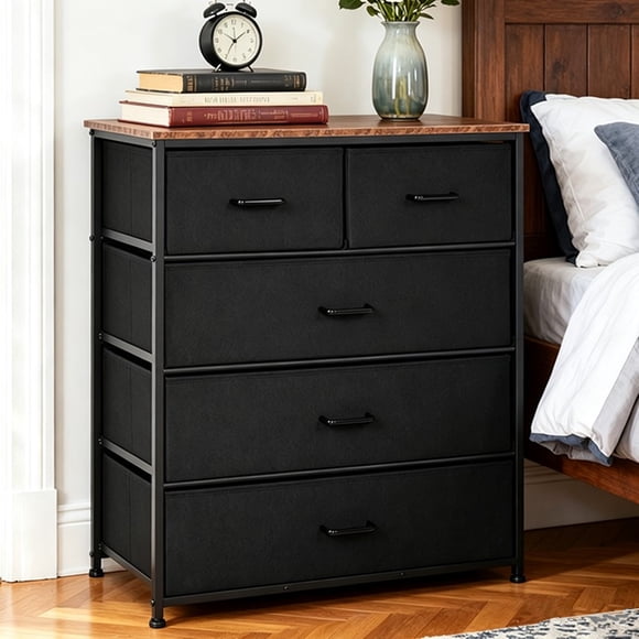 SortWise 5 Drawer Dresser, Steel Frame and Wood Top, Chest of Drawers for Bedroom, Storage Tower End Table Organizer Unit for Living Room, Hallway, Closet (3 Large & 2 Small Drawers)