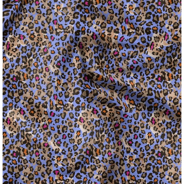 Soimoi Blue polyester Crepe Fabric Leopard Animal Skin Print Sewing Fabric Yard 52 Inch Wide