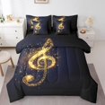 thumbnail image 1 of Notes de Musique Dorées Ensemble Douillette 7 Pcs Lit Complet en Sac, Ensembles de Literie à Pois Pailletés Thème Musique Ensemble de Draps avec Douillette, Ensemble de Lit Mode Moderne, 1 of 6