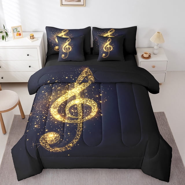 Notes de Musique Dorées Ensemble Douillette 7 Pcs Lit Complet en Sac, Ensembles de Literie à Pois Pailletés Thème Musique Ensemble de Draps avec Douillette, Ensemble de Lit Mode Moderne