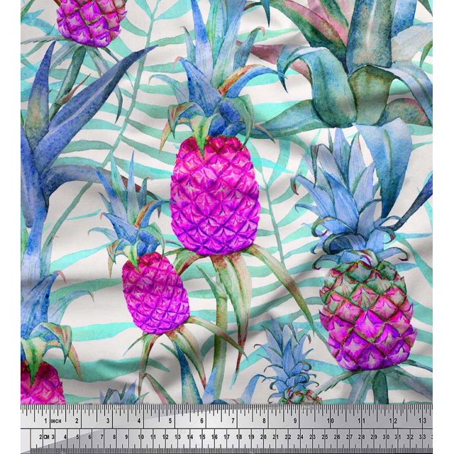 Soimoi Poly Georgette Fabric Leaves & Pine Fruits Decor Fabric Printed Yard 52 Inch Wide
