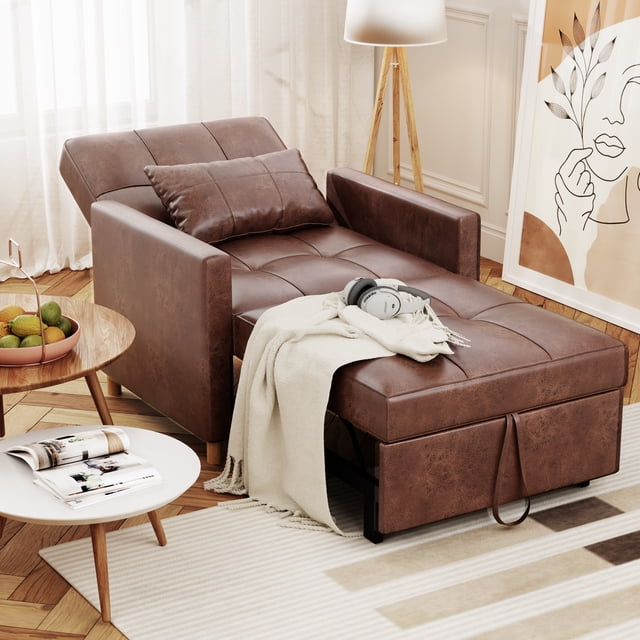 AECOJOY Fauteuil Convertible 3-en-1 80 cm (31,5 Po) avec Dossier Réglable et 2 Coussins - Brun Selle
