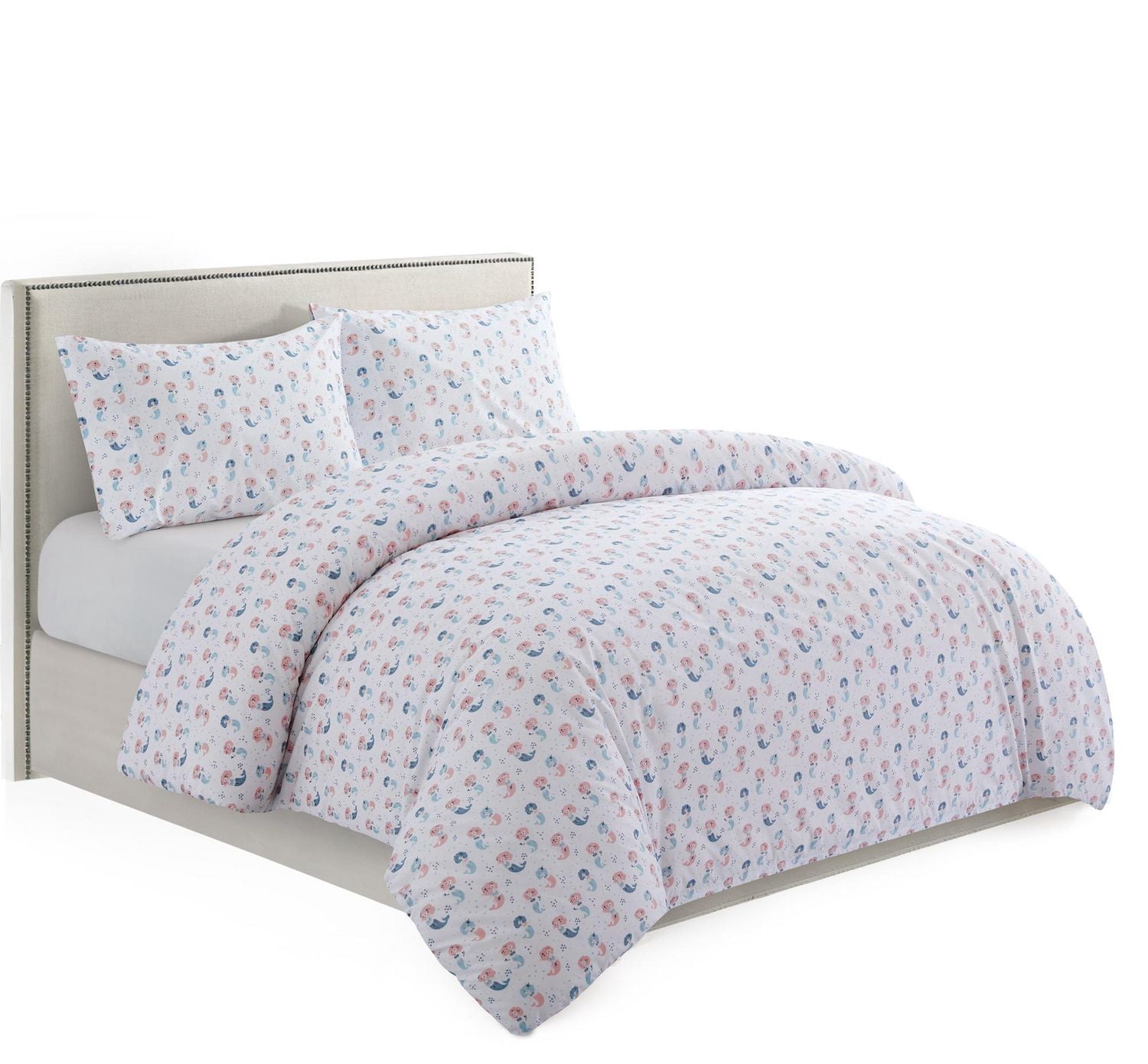 Marina Decoration Kids Girls Toddlers Cute Printed 600 Thread Count Soft Cotton Blend Percale Duvet Cover Set with Corner Tie and Zipper, Cartoon Mermaid Pattern