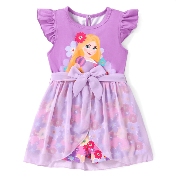 Princesse Disney Barboteuse pour Tout-Petites Filles Combinaison Graphique Raiponce avec Jupe en Tulle Robes Manches à Volants Tenues d'Été Tailles 2-6T