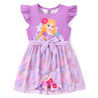 Disney Princess Toddler Girls Romper Rapunzel Graphic Jumpsuit with Tulle Skirt Dresses Ruffled Sleeve Summer Outfits Sizes 2-6T
