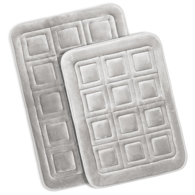 Clara Clark Bathroom Rugs, Velvet Memory Foam Bath Mat, Ultra Soft Non Slip and Absorbent - Waffled - Set of 2 - Silver