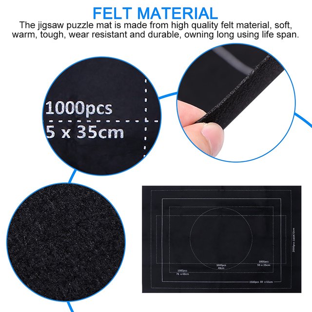 Tapis Rouleau Professionnel pour Casse-Tête en Feutre durable, Conçu pour Ranger et Organiser des Casse-Têtes jusqu'à 2000 Pcs. le Tapis Noir Présente des Directives Imprimées pour Diverses Tailles de Casse-Tête, Incluant des Dispositions de 1000 Pcs et 1500 Pcs. des Vues Gros Plan Mettent en Valeur la texture Feutrée Douce et Résistante à l'Usure et des Mesures Précises. Convient à une Utilisation Pratique à la Maison et au Rangement Facile des Casse-Têtes.