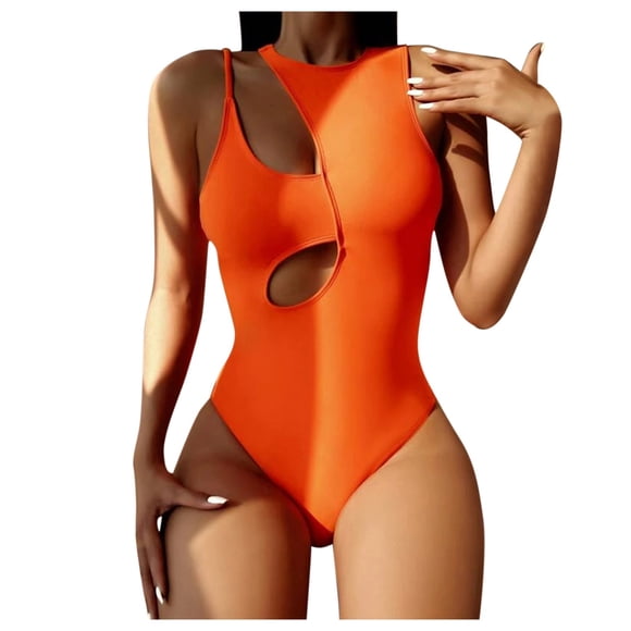 Women Hollow Solid Color Halter Strap Sleeveless One-Piece Swimsuit, Suitable For Family Gatherings