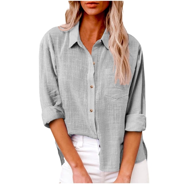 Timegard Chemises à Manches Longues pour Femmes Grande Taille en Coton et Lin Hauts Légers Automne Décontracté Blouse Ample