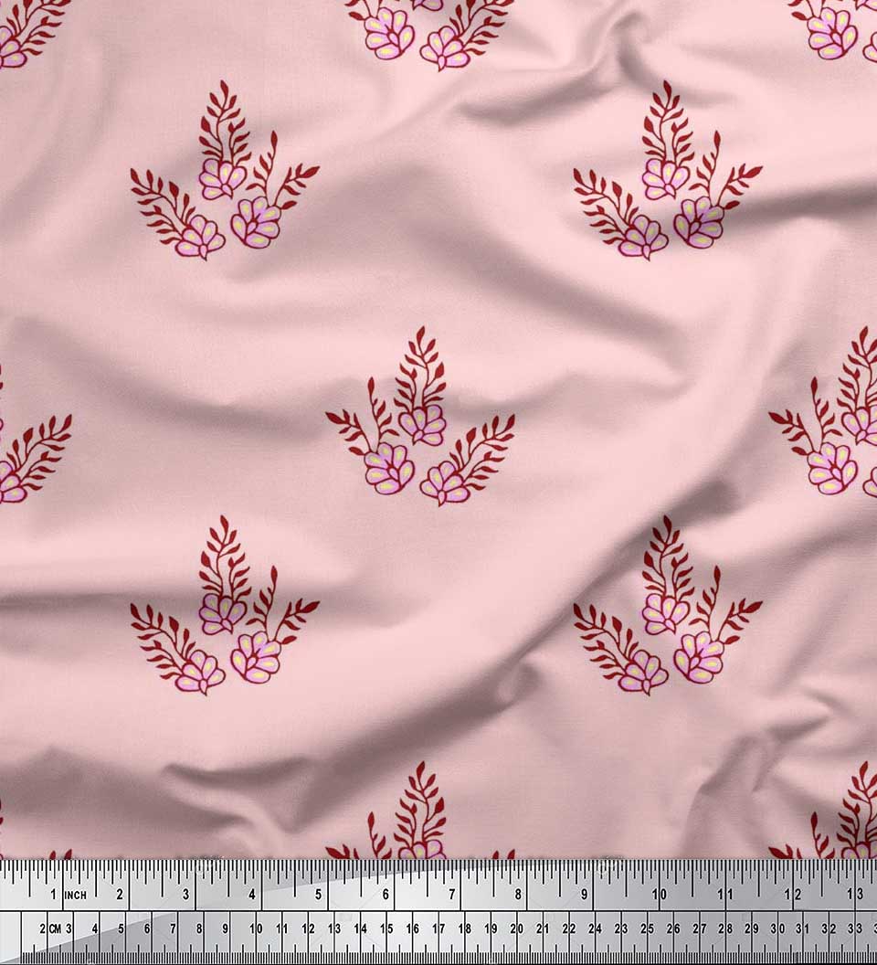 Soimoi Cotton Voile Fabric Leaves & Floral Block Printed Fabric 1 Yard 42 Inch Wide