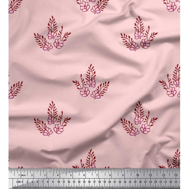 Soimoi Cotton Voile Fabric Leaves & Floral Block Printed Fabric 1 Yard 42 Inch Wide