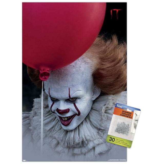 IT - Balloon Wall Poster, 14.725" x 22.375" featuring a close-up of a character with cracked white makeup and wild orange hair holding a large red balloon against a dark background with the red IT logo, printed on glossy poster paper suitable for framing or wall mounting, also ideal for themed party decoration.