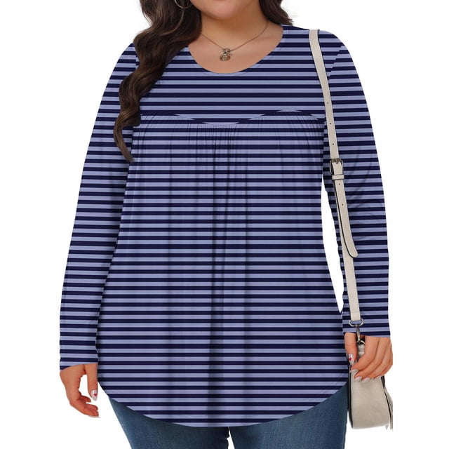 Mevxay Blouse à Rayures pour Femme Grande Taille Chic Décontractée T-Shirts Plissés Manches Longues Col Ras du Cou Tunique Fluide Hauts Bleu TG