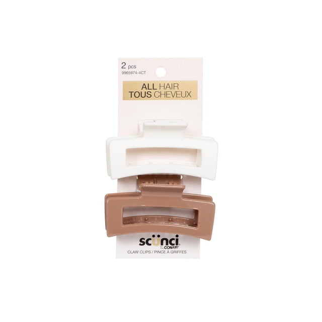 Scunci 2pk Resin Wavy Claw Clip set with two rectangular resin claw clips in cream and tortoise brown, suitable for all hair types, displayed on white bilingual packaging, designed to hold hair securely with style.