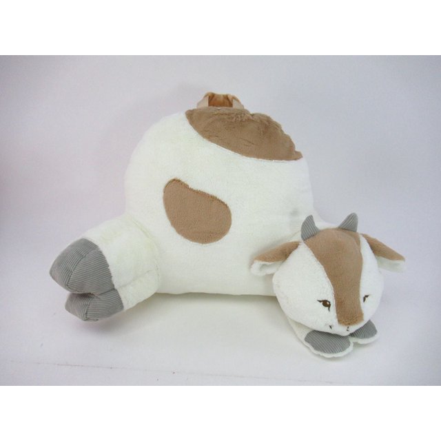 CUSHIONS GOAT plush character cushion in white and light brown with gray corduroy hooves and small horns, featuring a back pocket for storing treasures and a sturdy carrying handle, sized 14 by 26 by 16 inches, suitable for chair pads or decorative support in bedrooms and dorms.