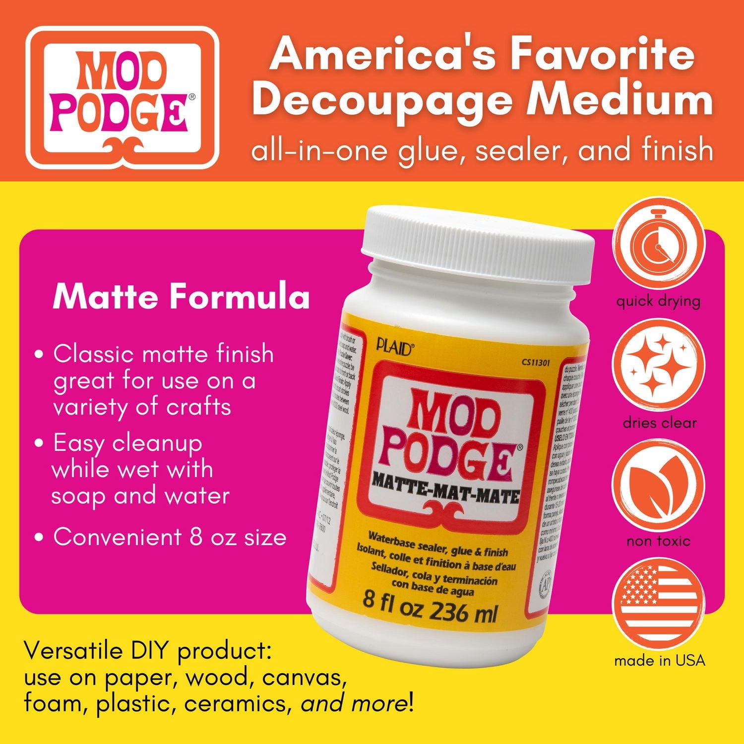 Mod Podge Matte Liquid Waterbase Sealer, Glue, and Finish, 8 fl oz