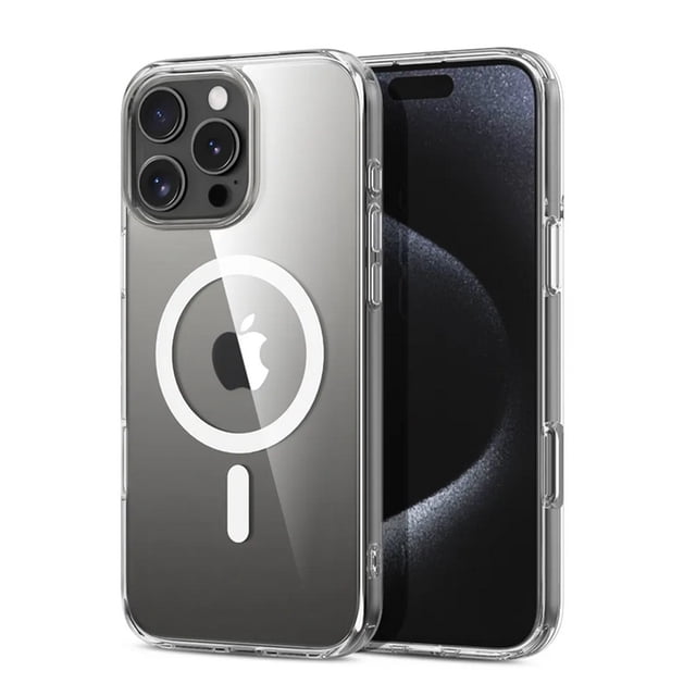 PST iPhone 16 Pro Max Case with a hybrid TPU back cover, featuring MagSafe-compatible magnetic wireless charging. The clear, scratch-resistant acrylic back showcases the phone's original design, while raised edges and a Camera Guard lens frame provide enhanced screen and camera protection. Designed for drop protection with built-in magnets for secure alignment with MagSafe accessories.