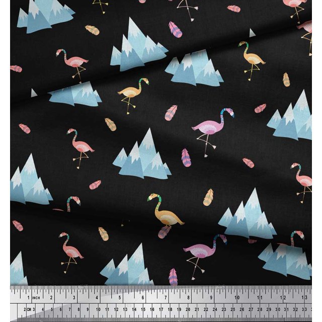 Soimoi Black polyester Crepe Fabric Feather & Flamingo Bird Printed Fabric 1 Yard 42 Inch Wide
